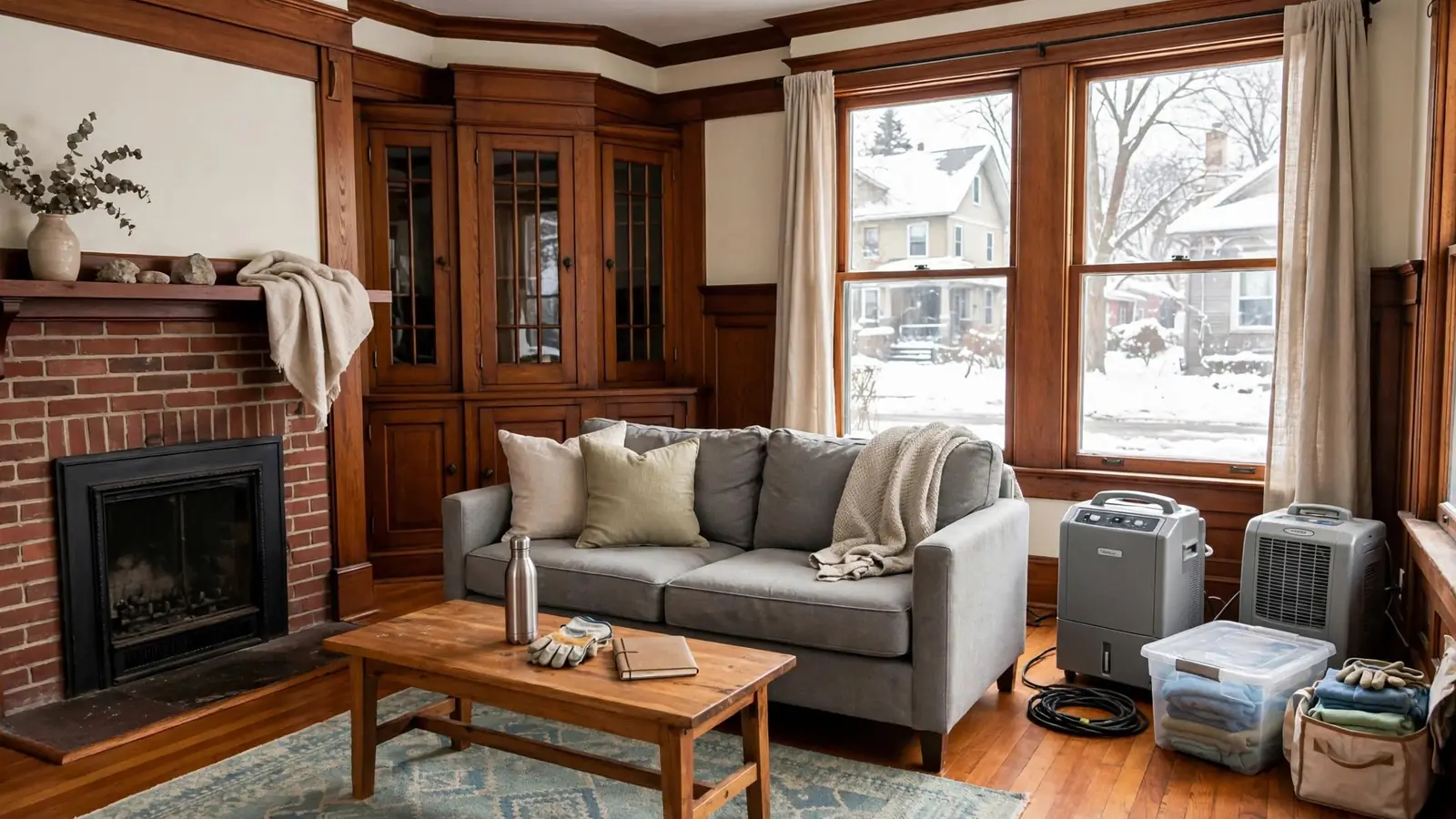 Living room with a brick fireplace, wood built-ins and air treatment equipment