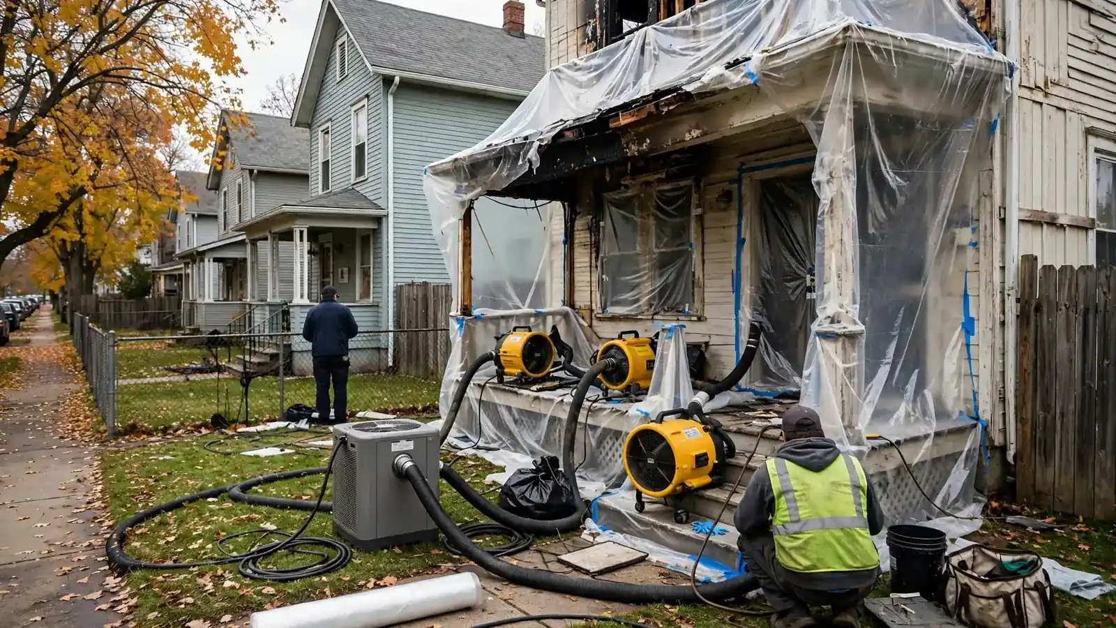 Fire-damaged house wrapped in plastic with drying fans in the front yard
