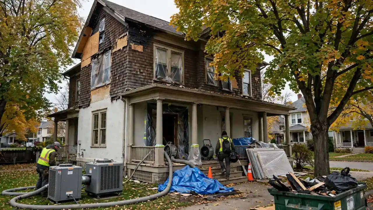 Fire-damaged shingle house with a big porch and crews among autumn trees