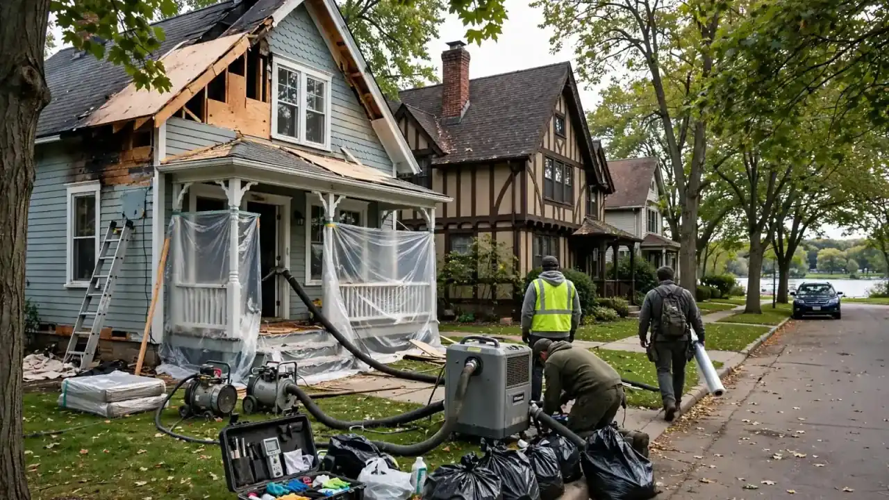 Fire-damaged cottage-style house wrapped in plastic with crews on a leafy street