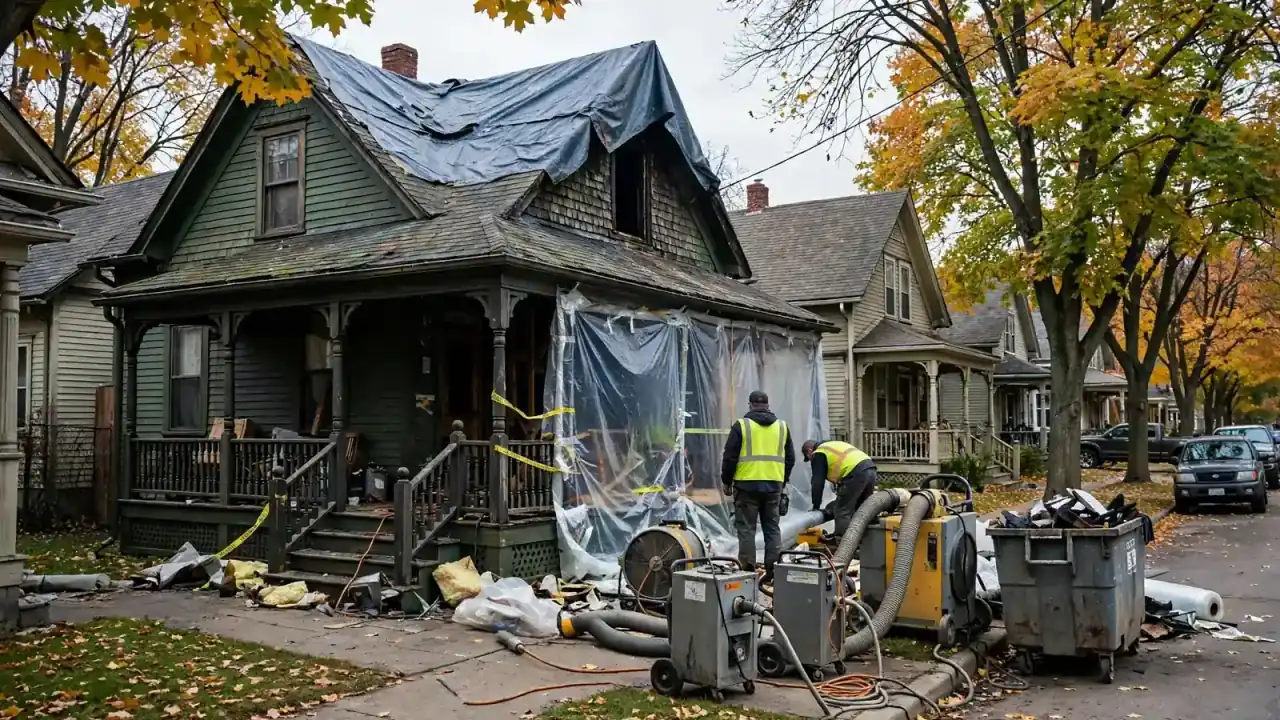 Fire-damaged bungalow with a tarped roof and workers on a tree-lined street