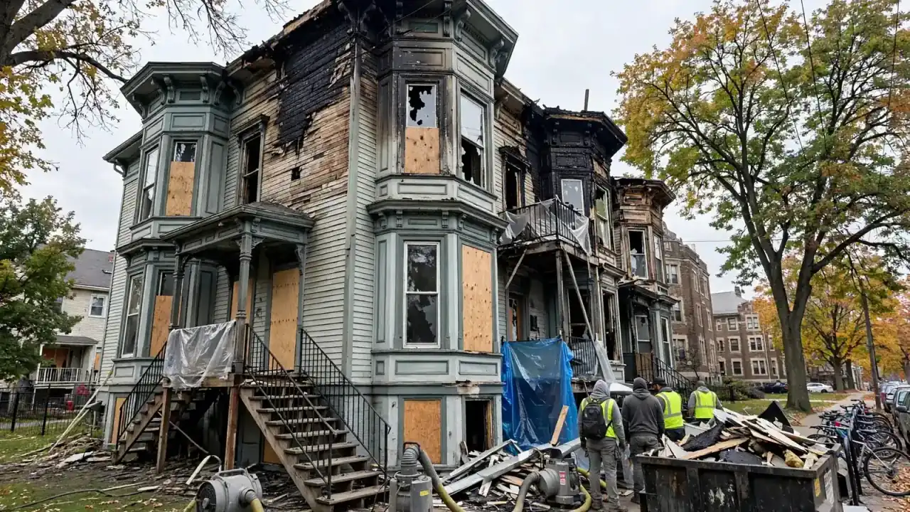 Fire-damaged Victorian house converted to apartments with boarded windows and crews
