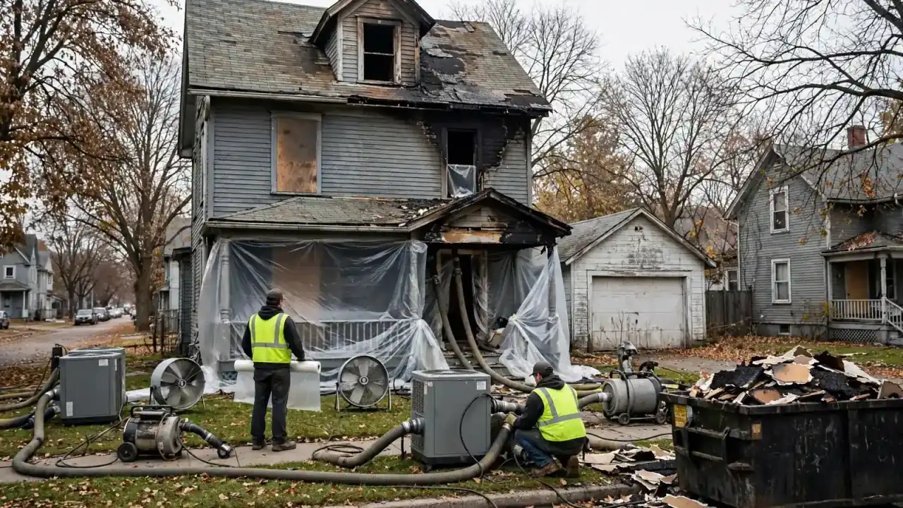 Fire-damaged story-and-a-half house with drying equipment and a debris container