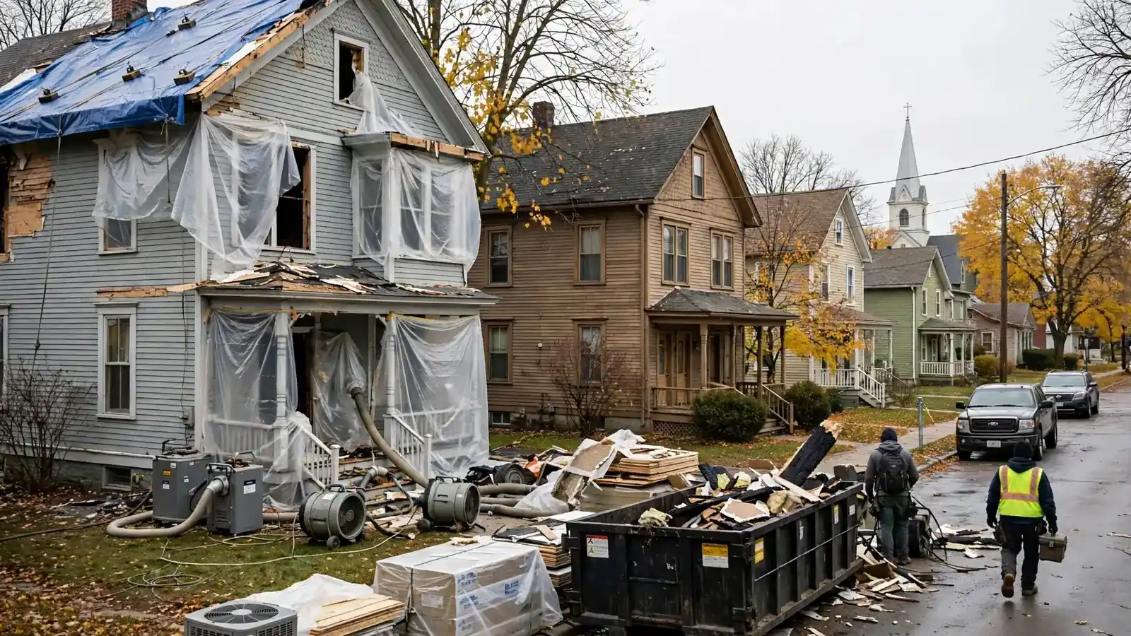 Fire-damaged wood frame house with a tarped roof and crews on a street with a steeple