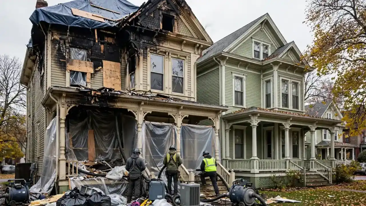 Fire-damaged two-and-a-half-story house beside a porch house with crews in the yard