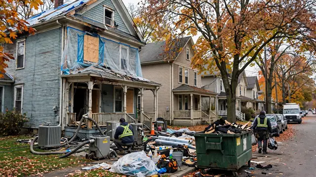 Residential street of older houses with one fire-damaged home and crews