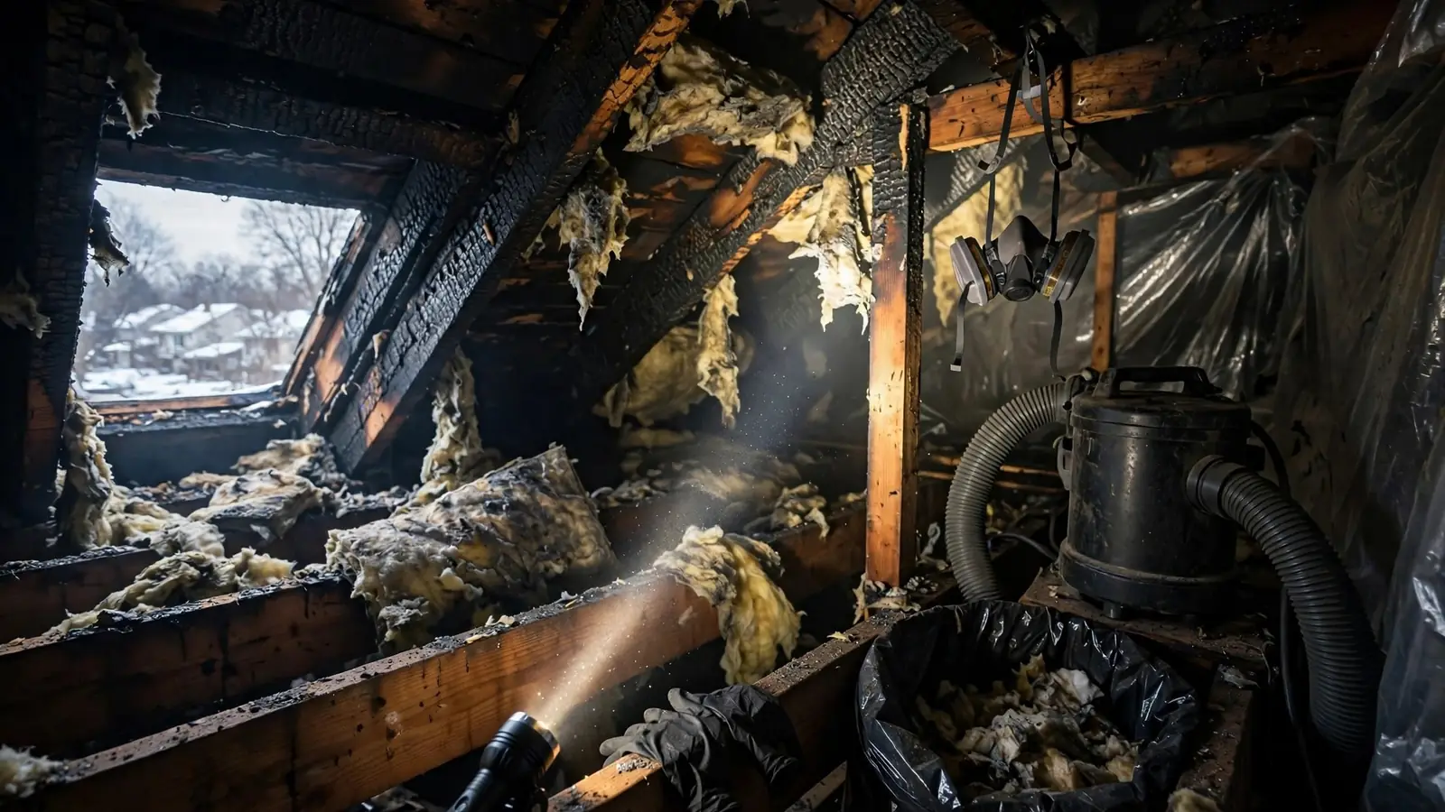 Attic with burned rafters and old insulation lit by a flashlight