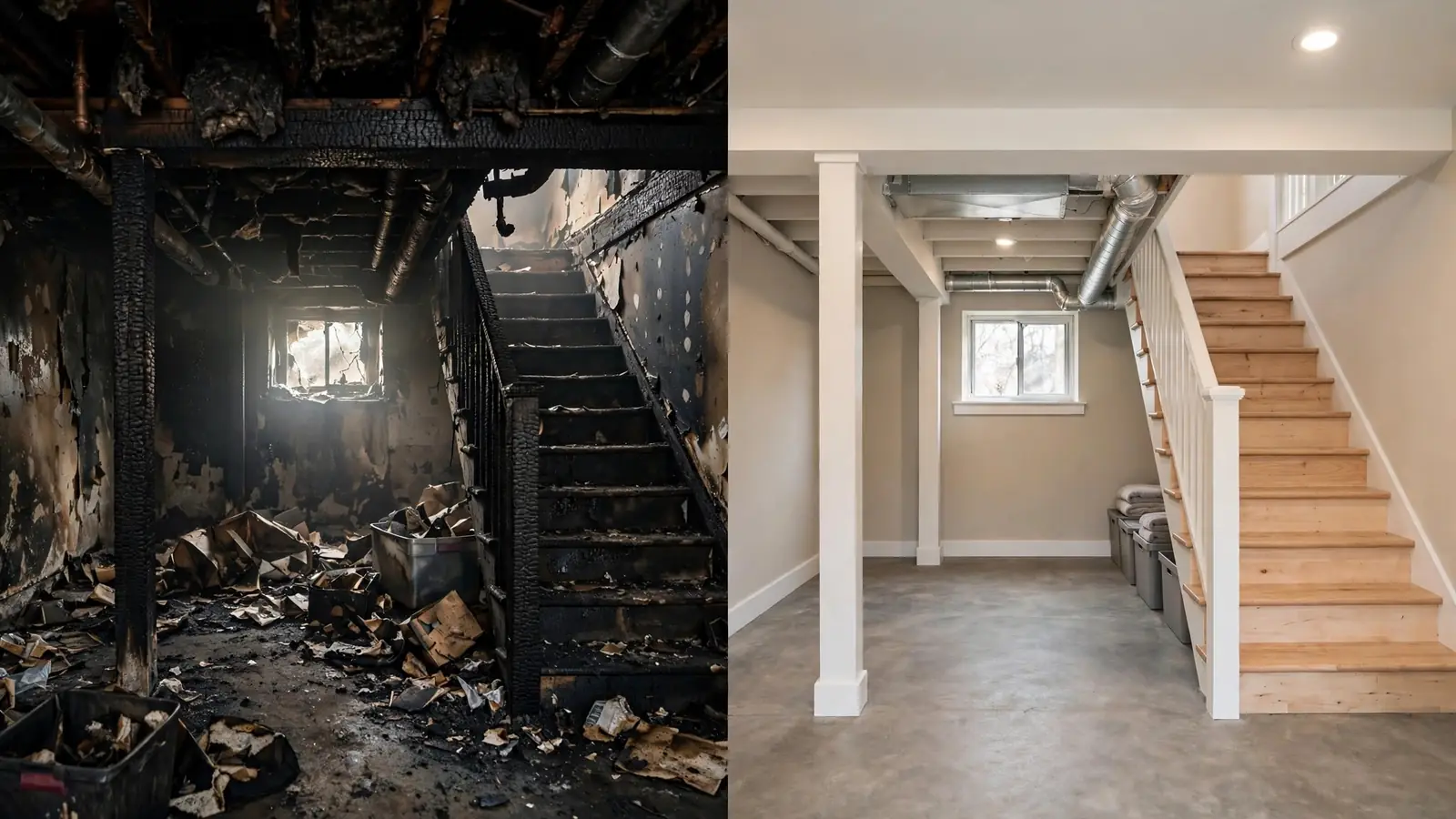 Split view of a burned basement stairway beside the same basement rebuilt