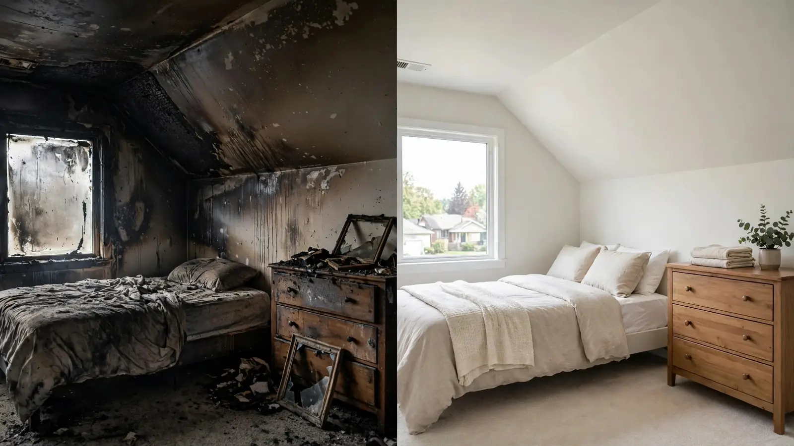 Split view of a burned upstairs bedroom with sloped ceiling beside the room restored