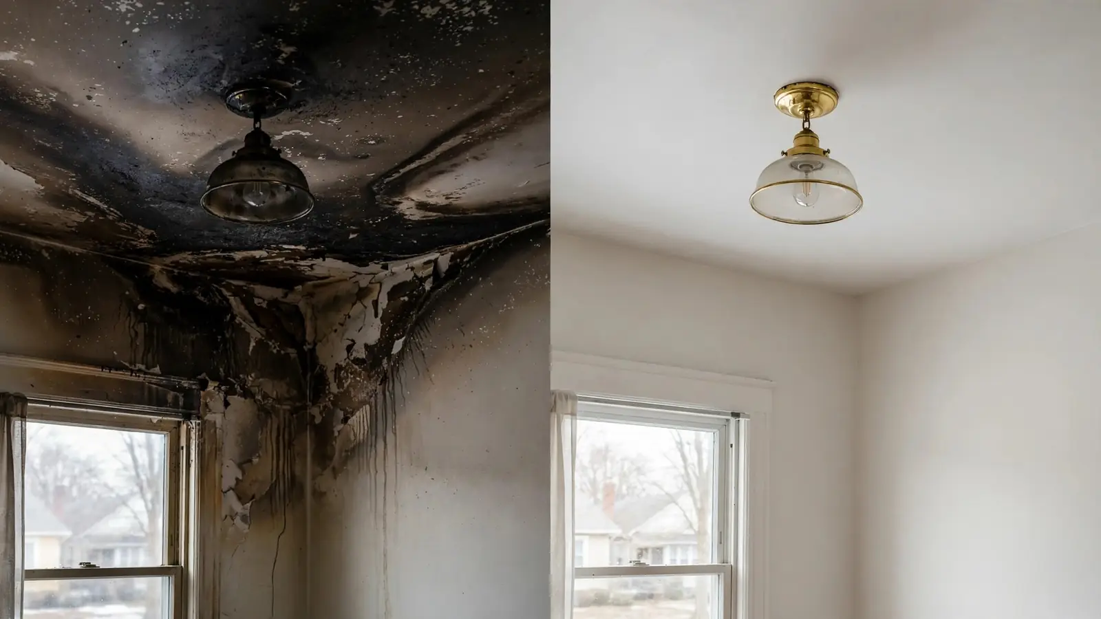 Split view of a soot-darkened ceiling beside the same ceiling clean and white