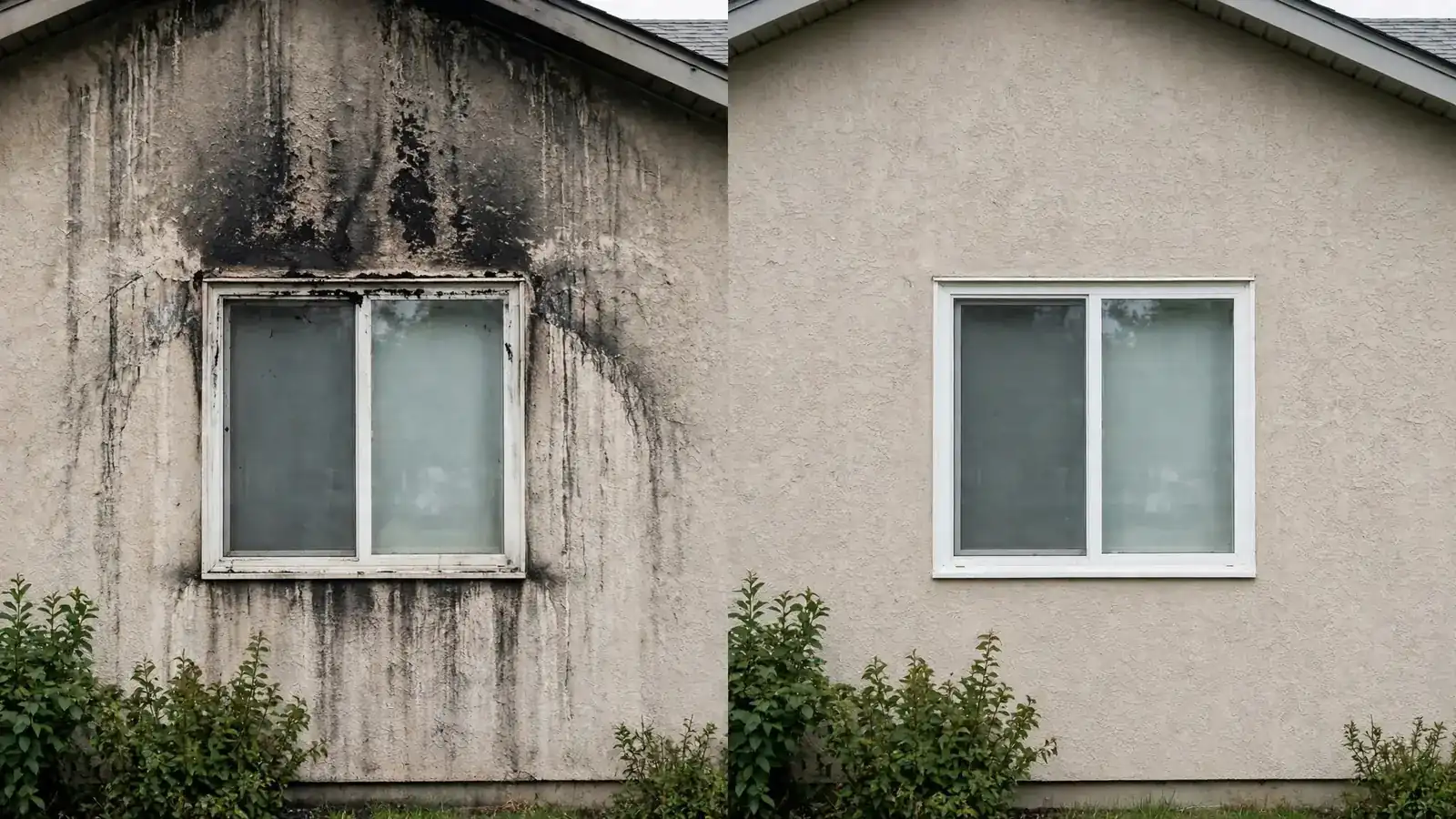Split view of a stucco wall stained above a window beside the same wall clean