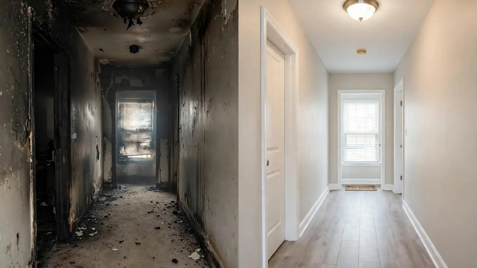 Split view of a smoke-blackened hallway beside the same hallway clean