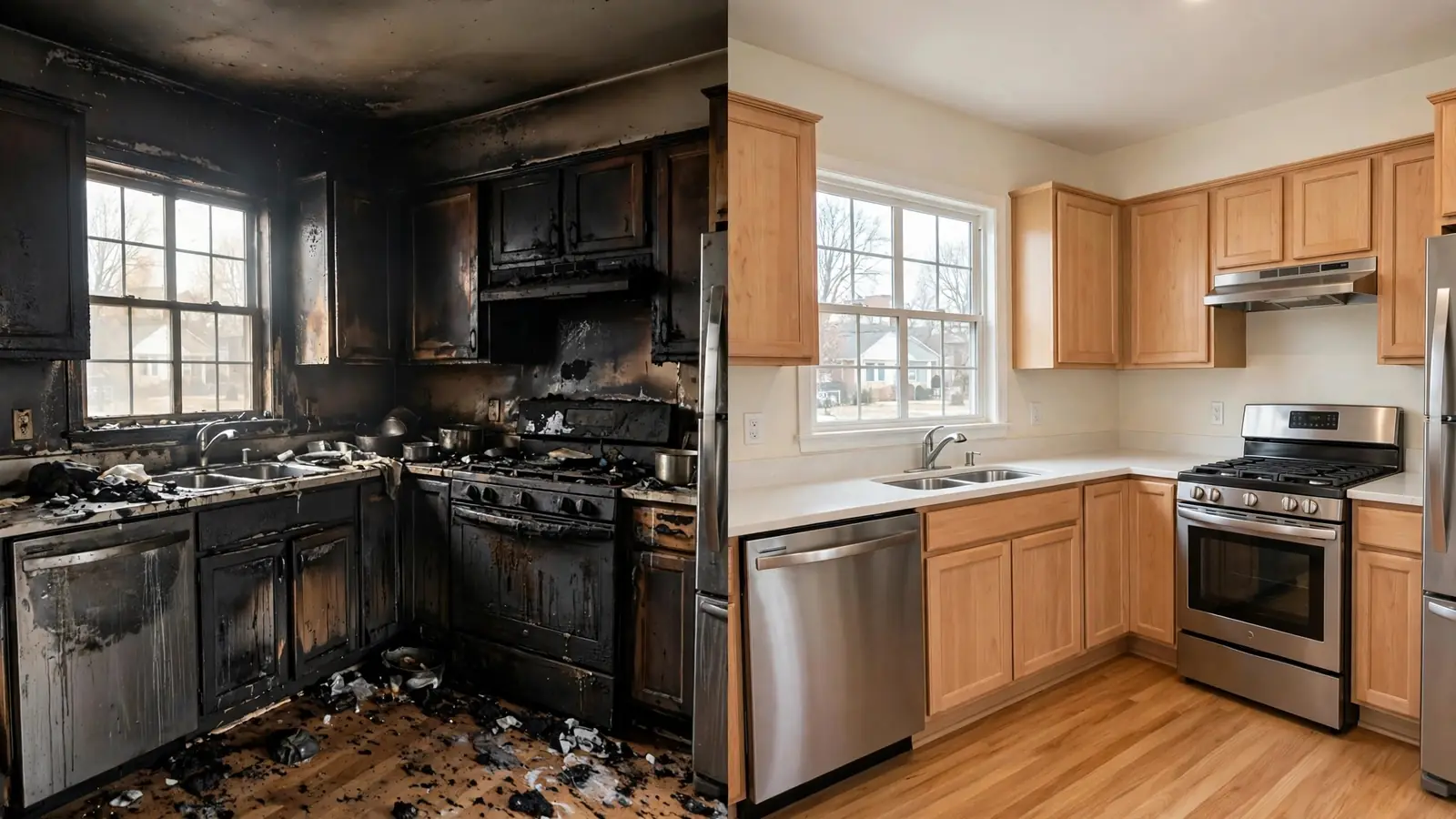 Split view of a burned kitchen beside the same kitchen with new cabinets