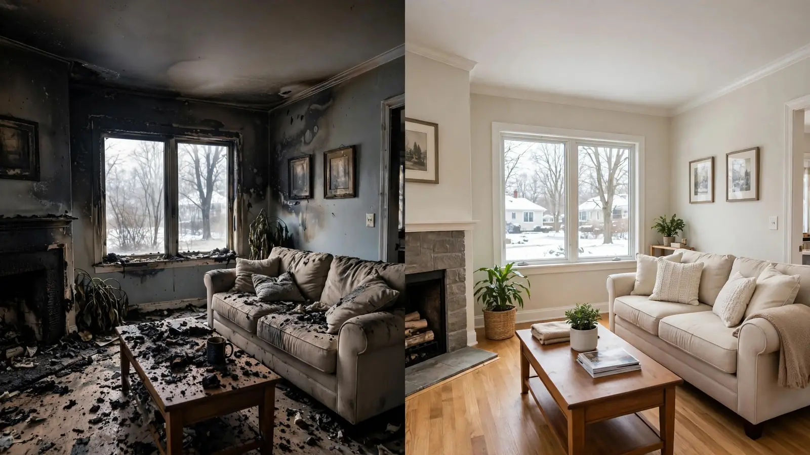 Split view of a smoke-darkened living room beside the same room restored