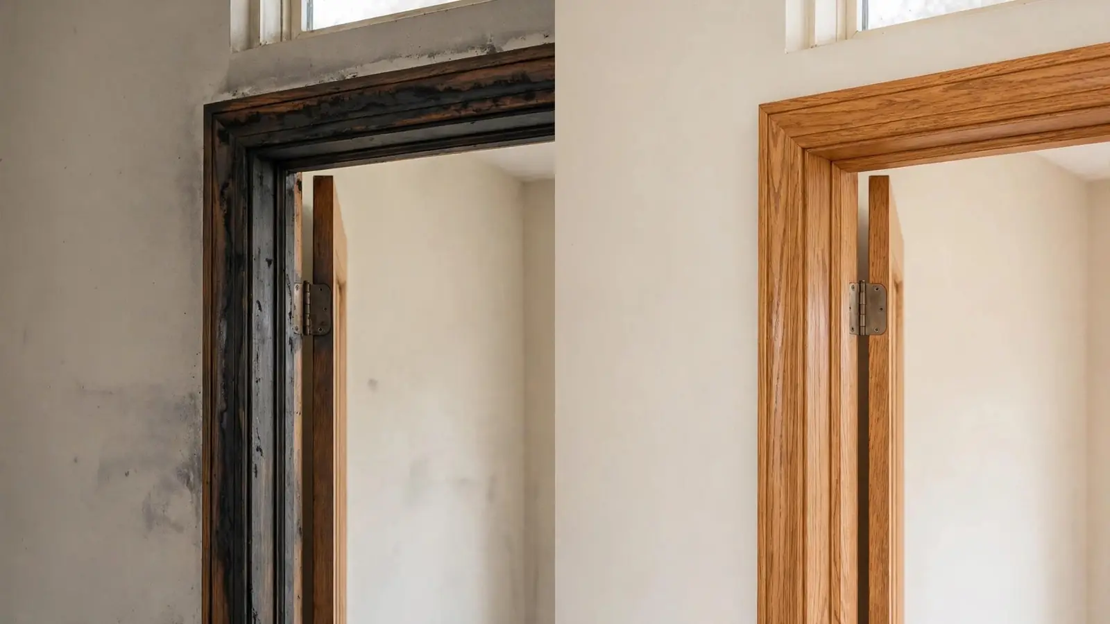 Split view of dark-stained door trim beside the same trim clean and glossy