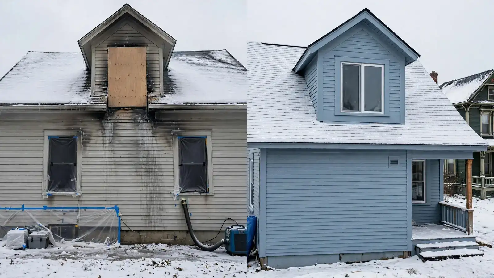 Before: boarded dormer on a snowy house. After: the house repaired with a new window