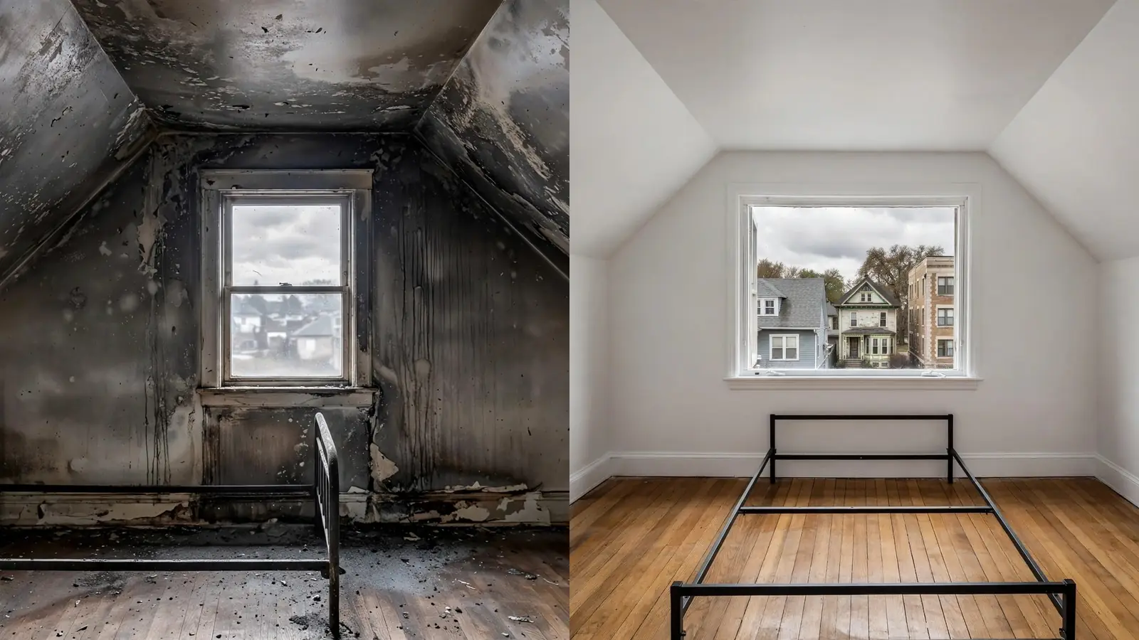 Before: smoke-stained upstairs bedroom. After: the room clean and repainted