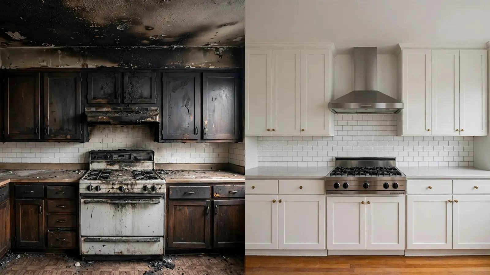 Before: smoke-damaged kitchen. After: the kitchen restored with white cabinets