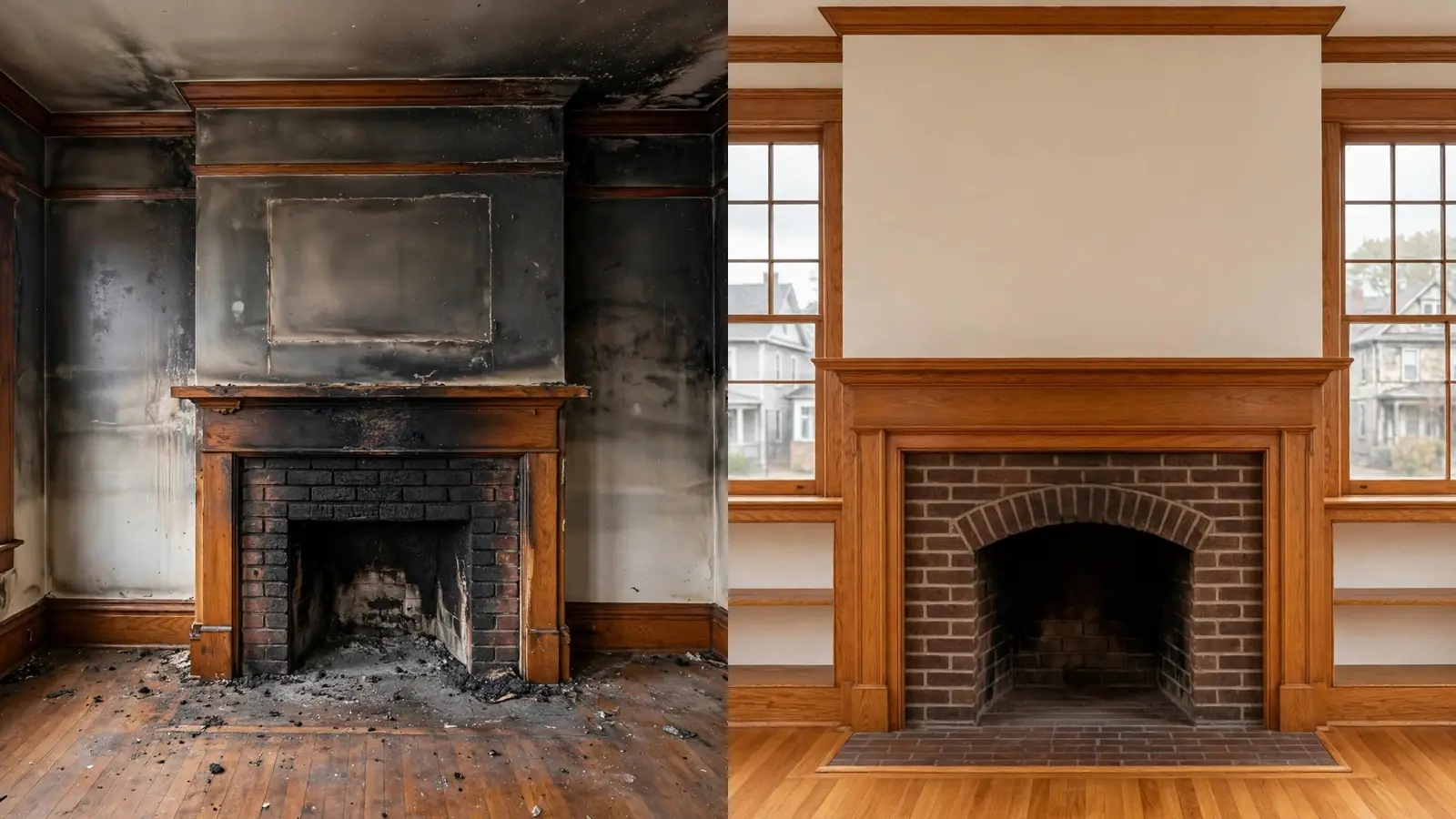 Before: sooty living room fireplace wall. After: the room cleaned with oak trim