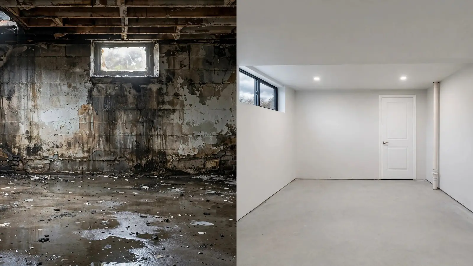 Before: wet, stained basement. After: the basement dried and refinished