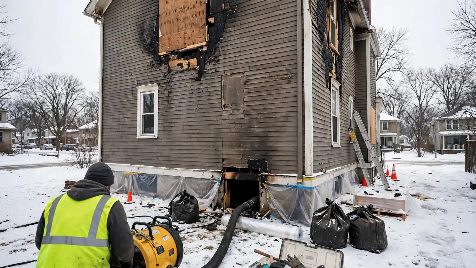 Plywood over a window on a wood-sided house with snow on the ground and a worker