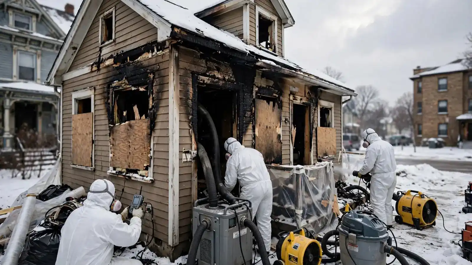 Crew working beside boarded windows of a fire-damaged wood house in snow