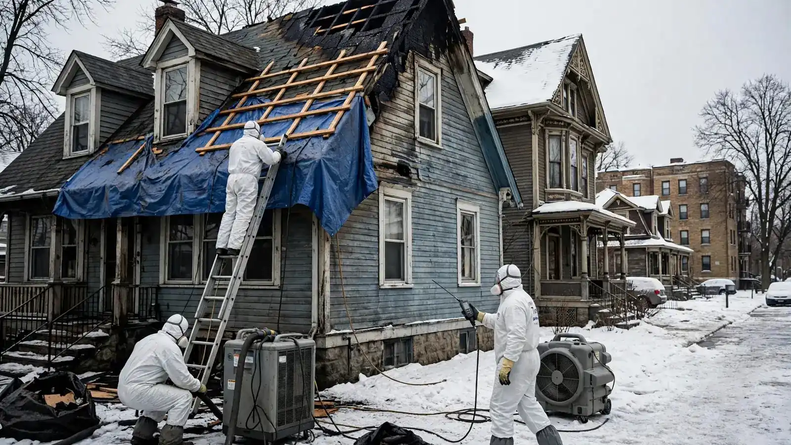 Worker on a ladder tarping a burned roof over a dormer, snow on the ground