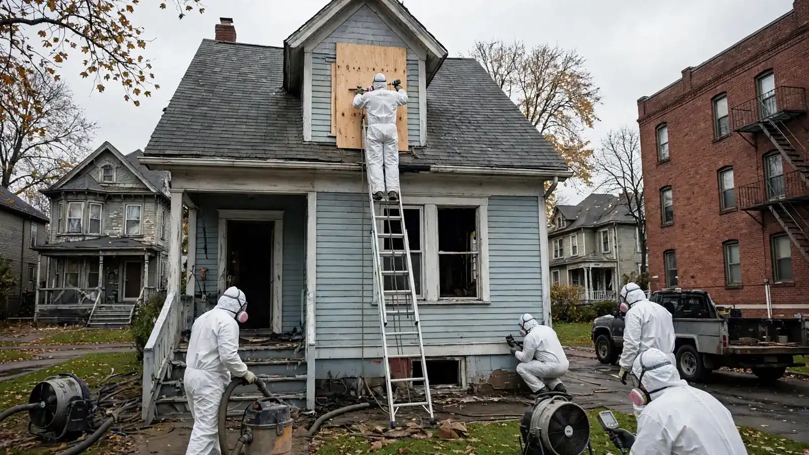 Worker on a ladder boarding an upstairs dormer window