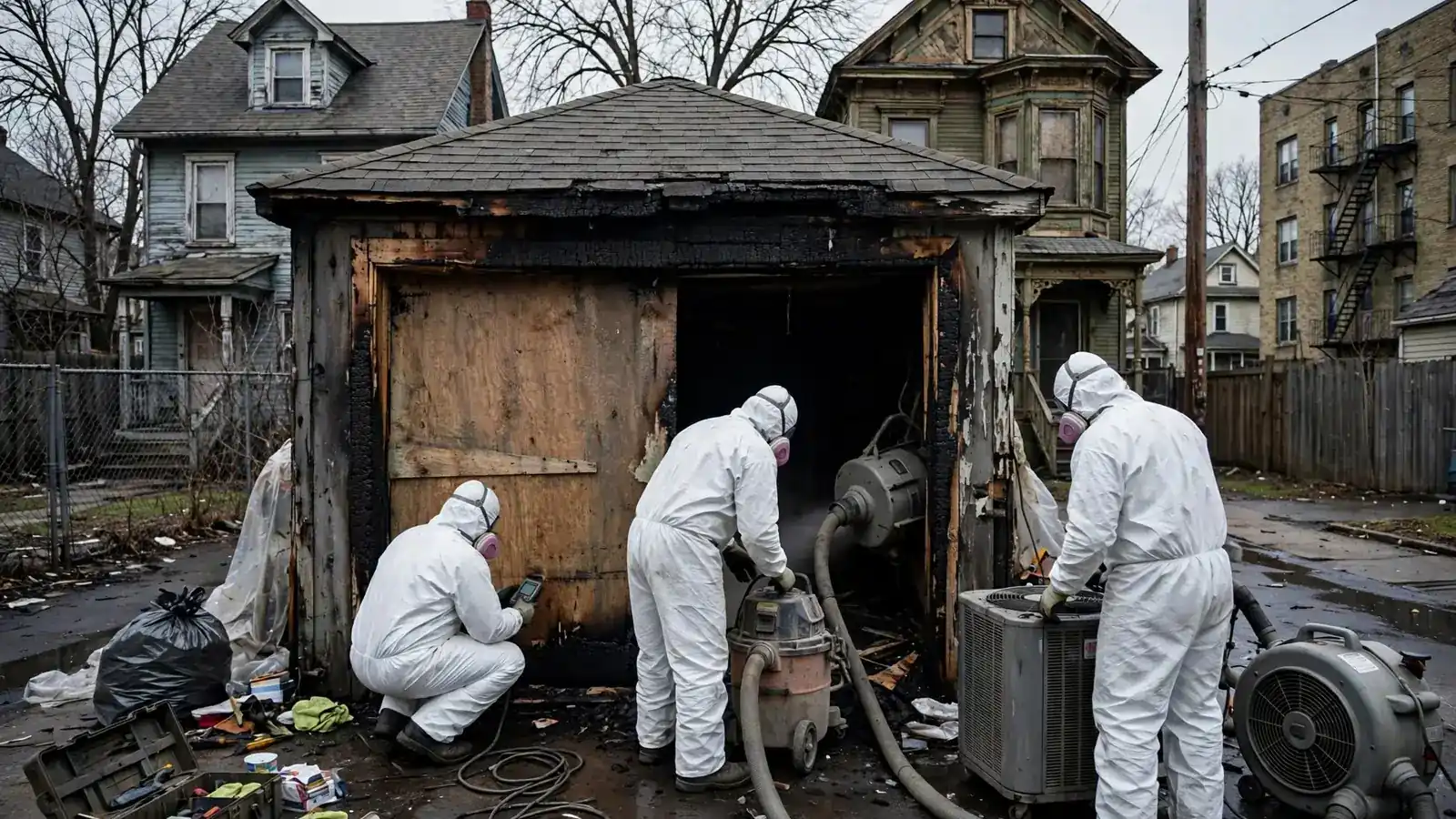 Crew at a fire-damaged detached garage with a plywood-covered door