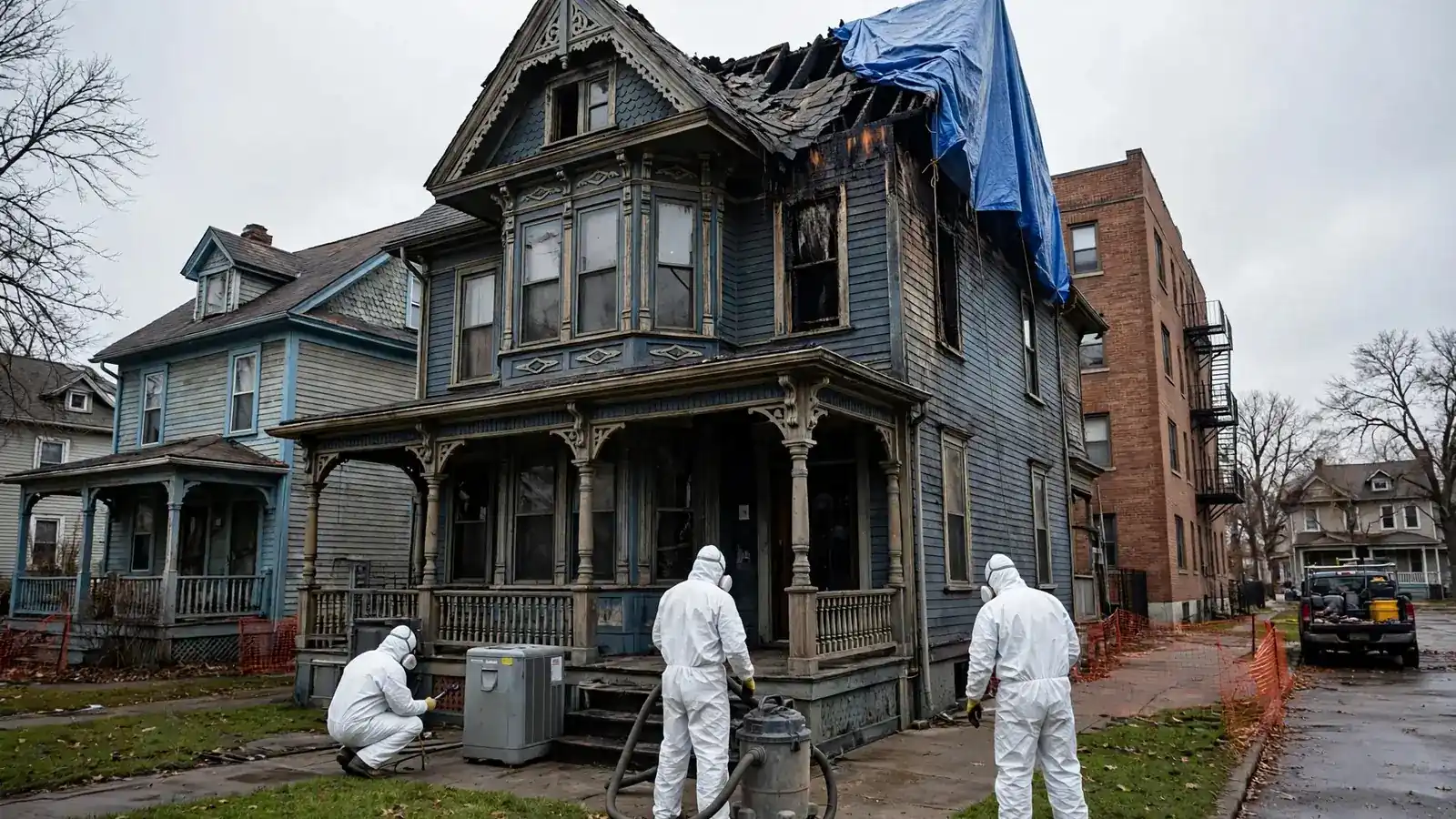 Tarp over a burned section of a tall Victorian house roof