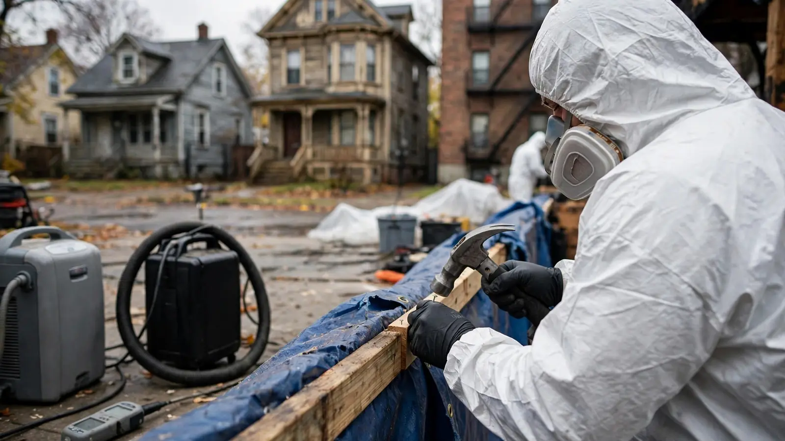 Worker fixing a wood batten along the edge of a blue tarp
