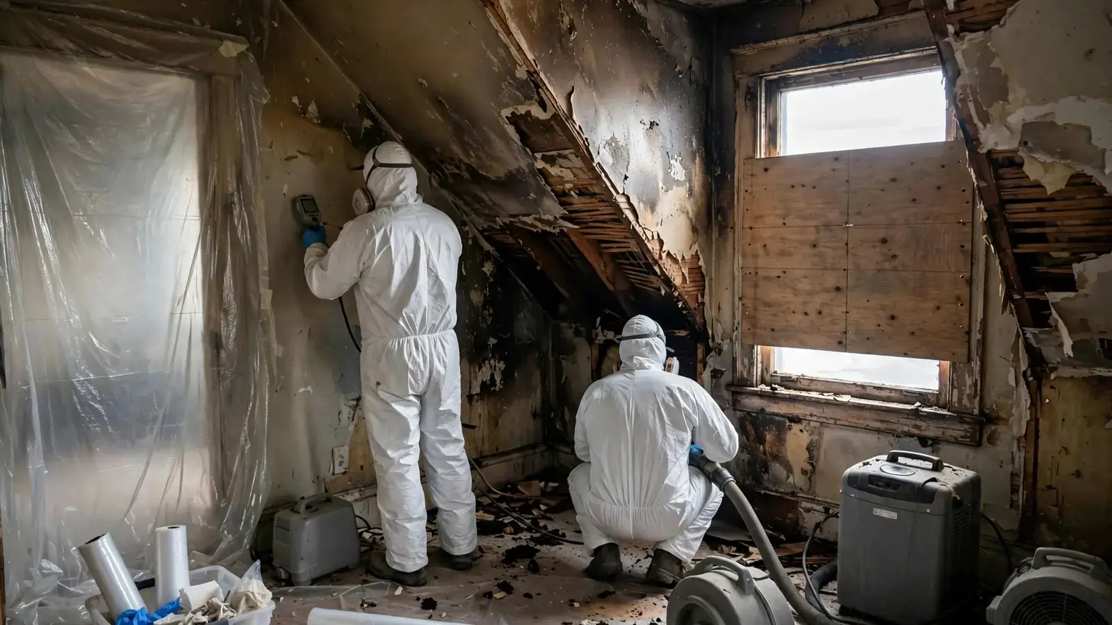 Crew in an upstairs room with a sloped ceiling and boarded window