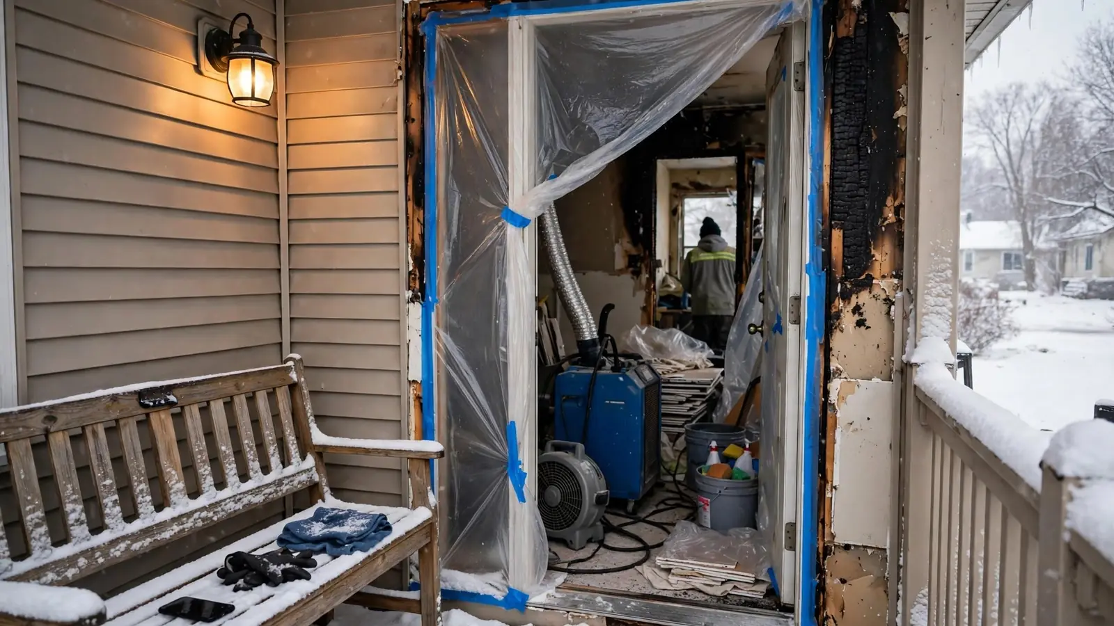 Snowy porch with a bench and a doorway wrapped in plastic