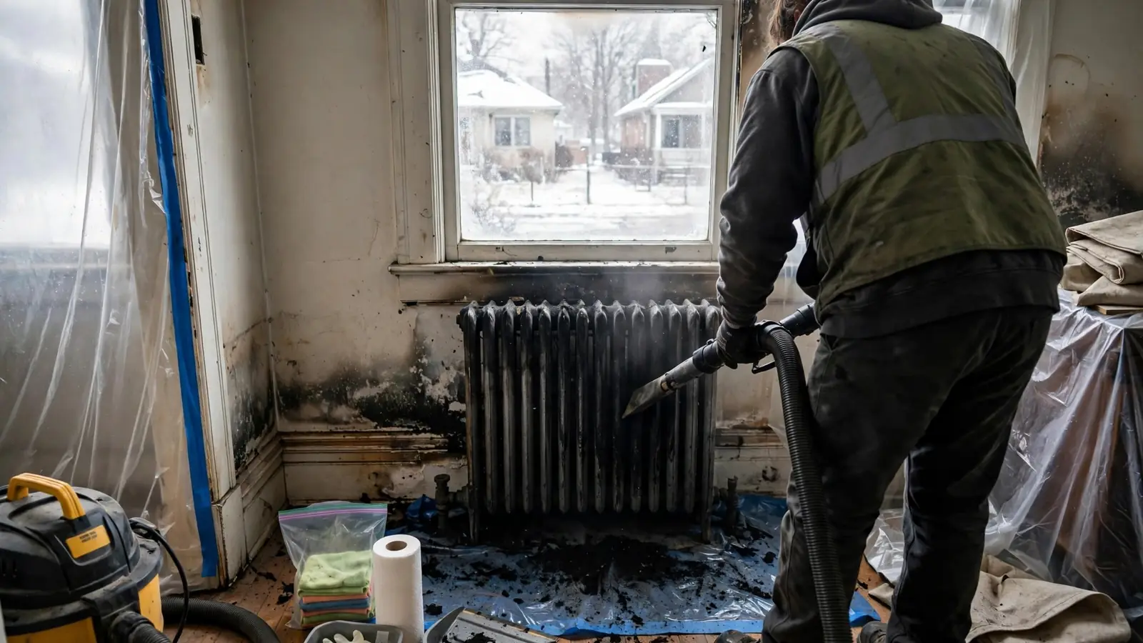 Worker vacuuming soot from a cast iron radiator under a window