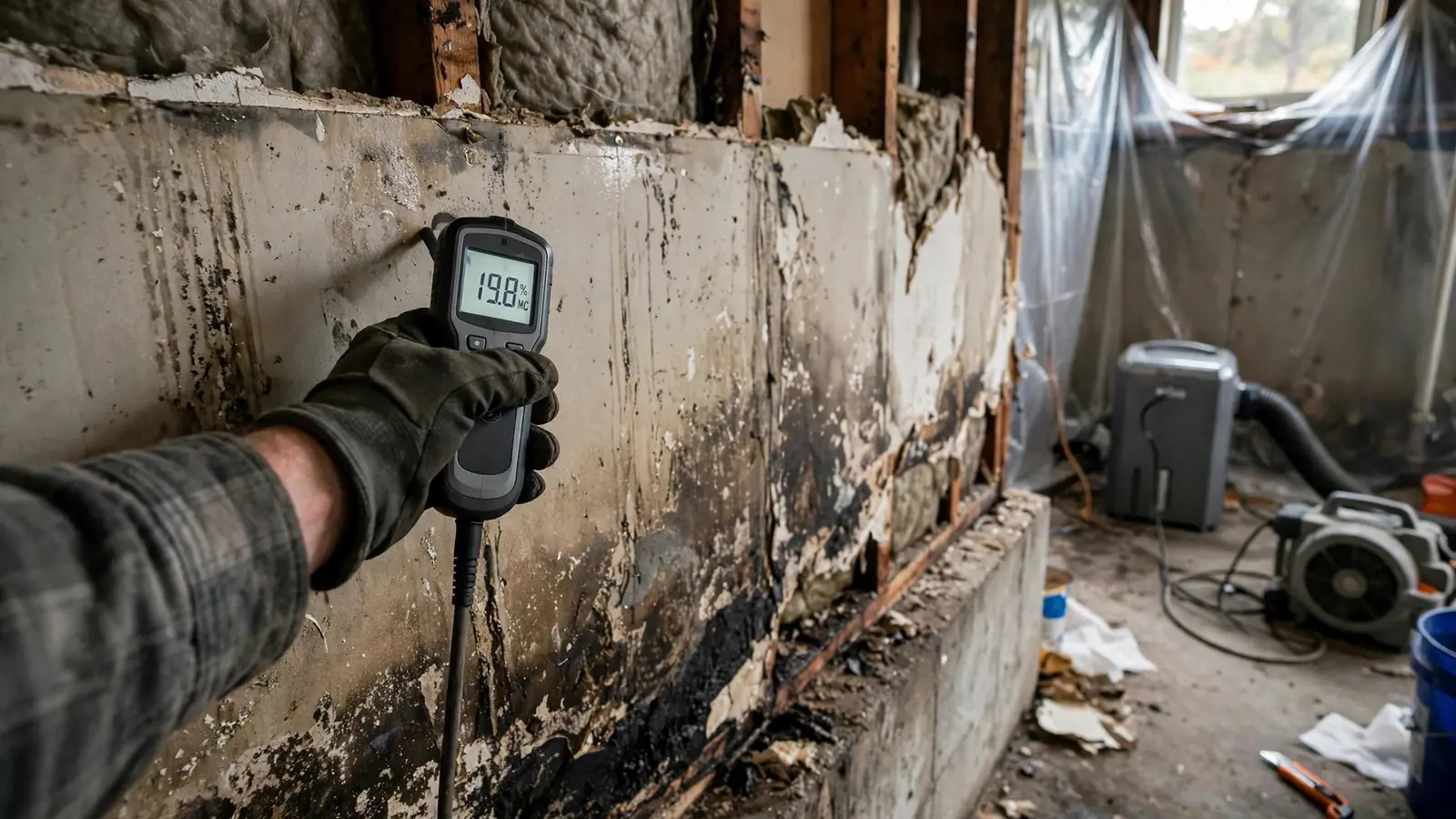 Gloved hand holding a moisture meter against a damp, soot-stained wall