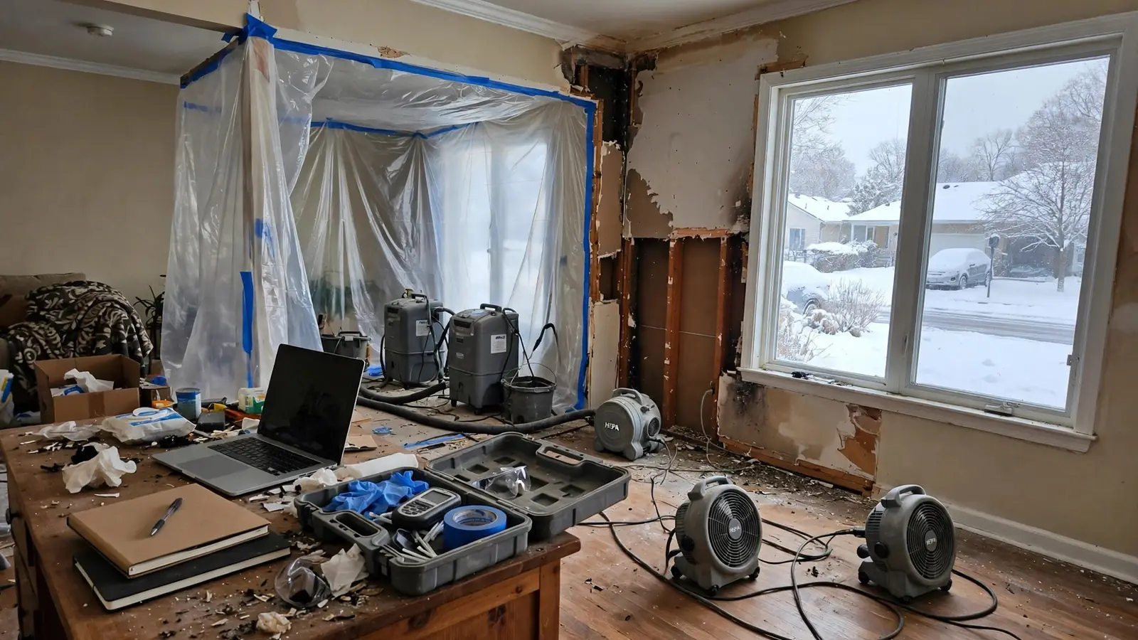 Desk with a laptop and tools in a room under repair with snow outside