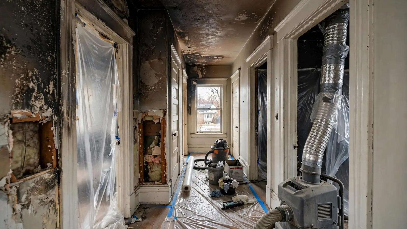 Smoke-darkened hallway with plastic sheeting and an air machine