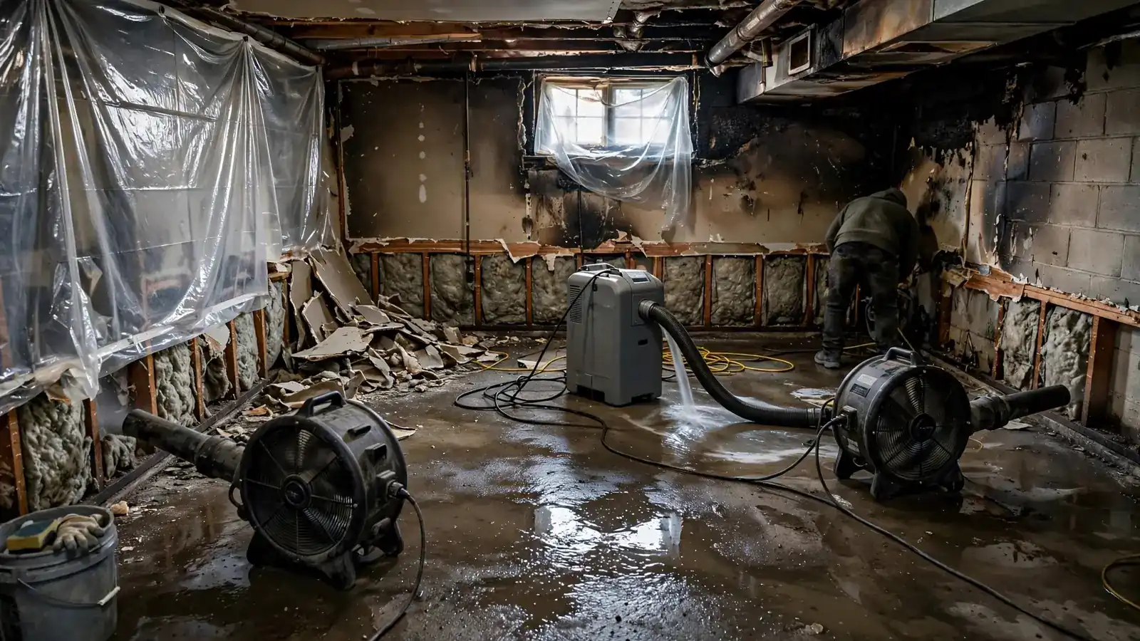 Basement with wet concrete floor, damaged walls and drying fans