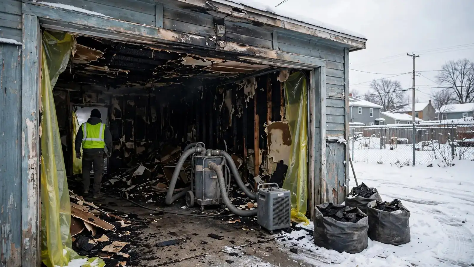 Detached garage with a burned interior and snow on the ground outside