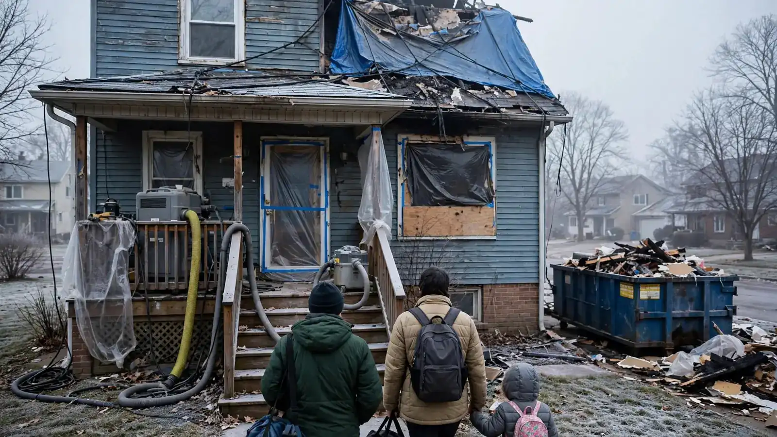 Family seen from behind walking with bags to a fire-damaged house