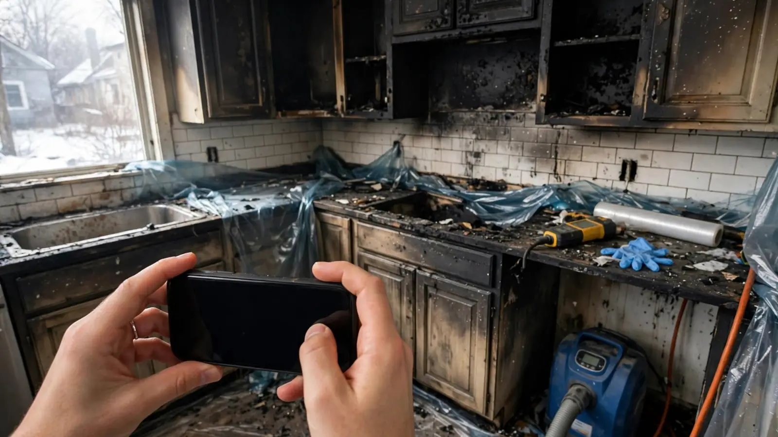 Hands holding a phone over a burned kitchen counter and cabinets