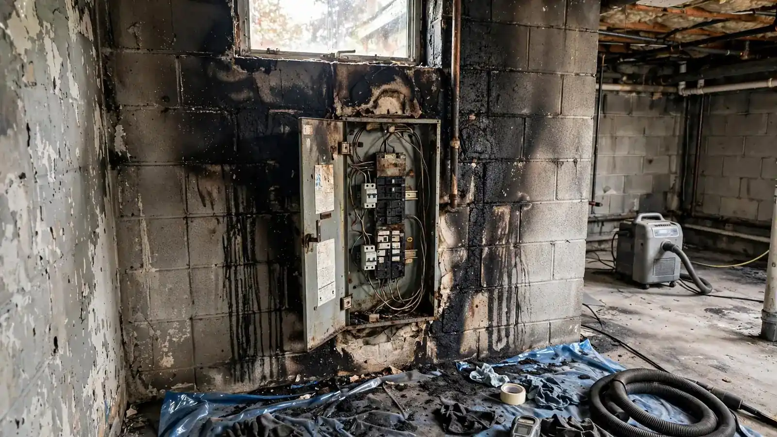 Basement wall with a smoke-stained electrical panel and debris