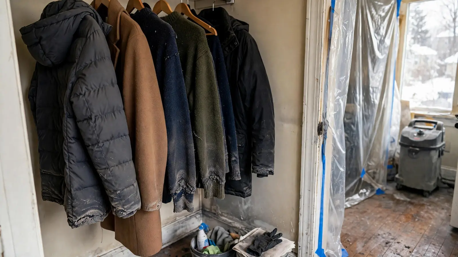 Winter coats in a closet with plastic sheeting and an air machine nearby