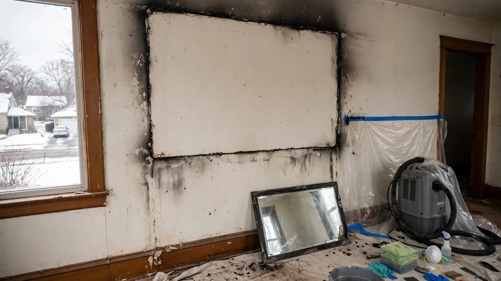 Plaster wall with a clean rectangle where a mirror hung, surrounded by soot