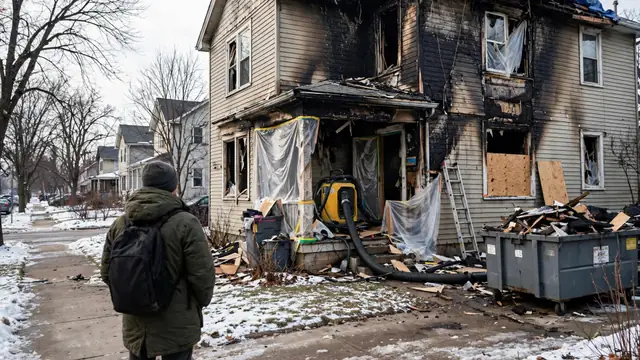 Person in a winter coat seen from behind facing a fire-damaged house