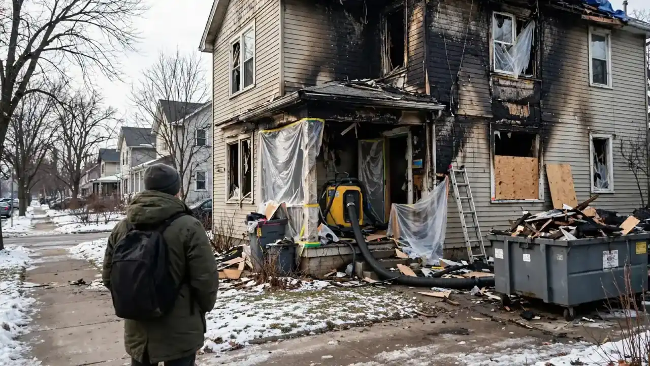 Person in a winter coat seen from behind facing a fire-damaged house