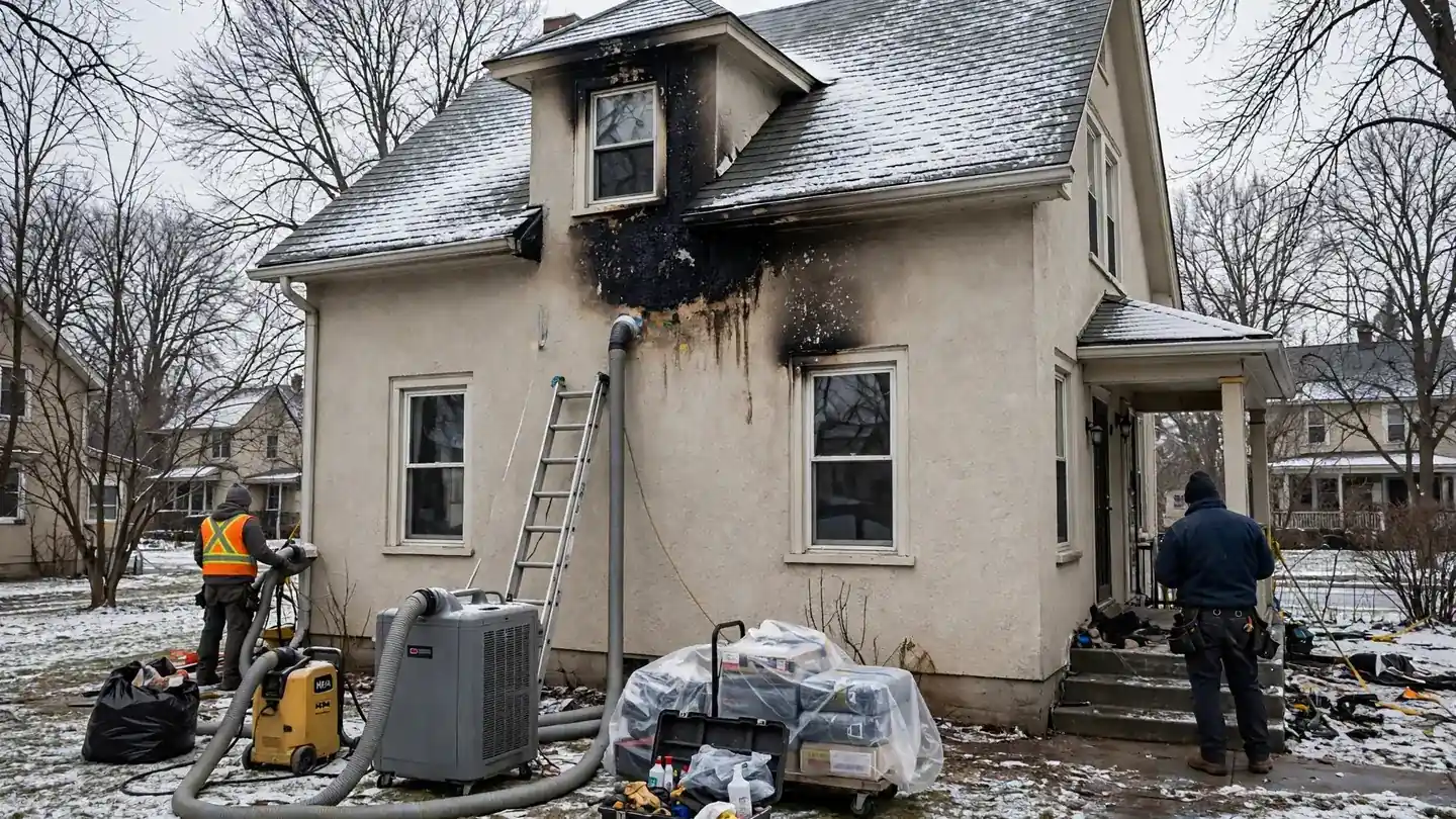 Stucco house with smoke stains above an upstairs window and crews outside