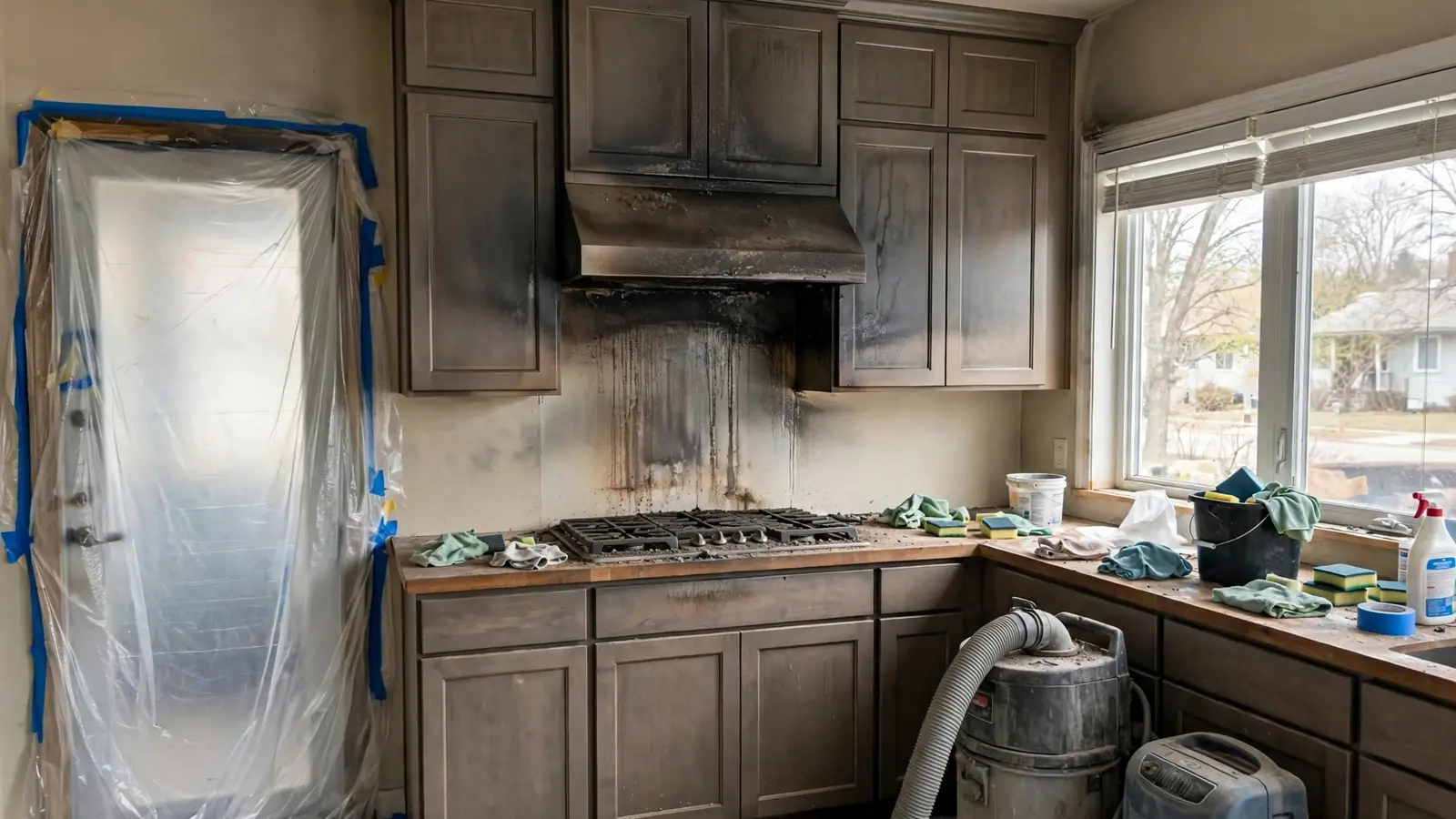 Kitchen with smoke-stained cabinets and a darkened range hood