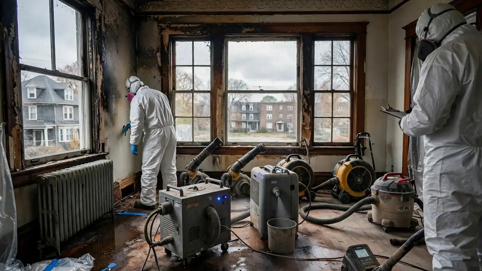Air treatment equipment running in a smoke-damaged room with a radiator