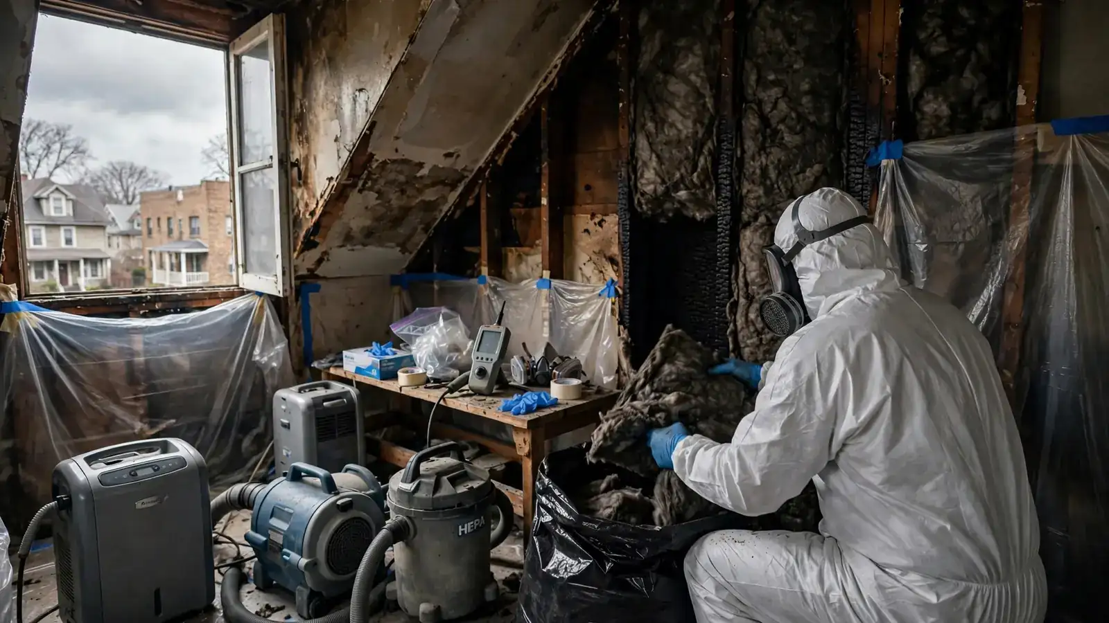 Worker removing smoky insulation behind a knee wall